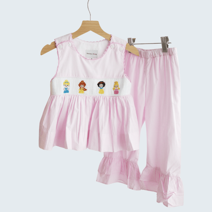 Pink Princess Hand Smocked Plaid Ruffle Pants Set