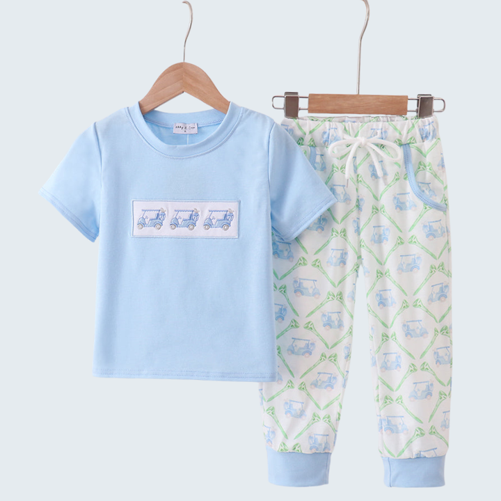 Blue Golf Cart Embroidery Pants Set
