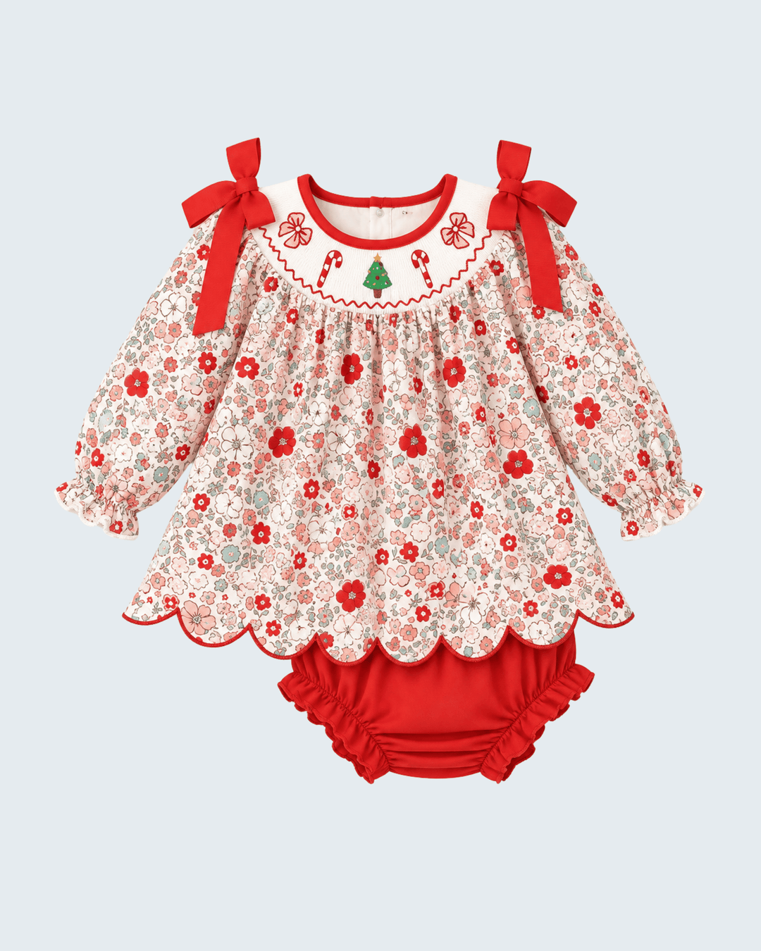 Floral embroidered Christmas bloomer set, white dress with red bow straps and red bloomers