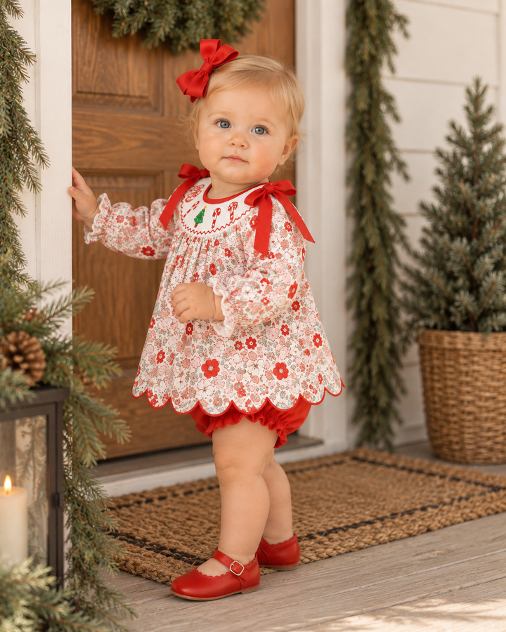 Child wearing floral embroidered Christmas bloomer set, white dress with red bows and bloomers