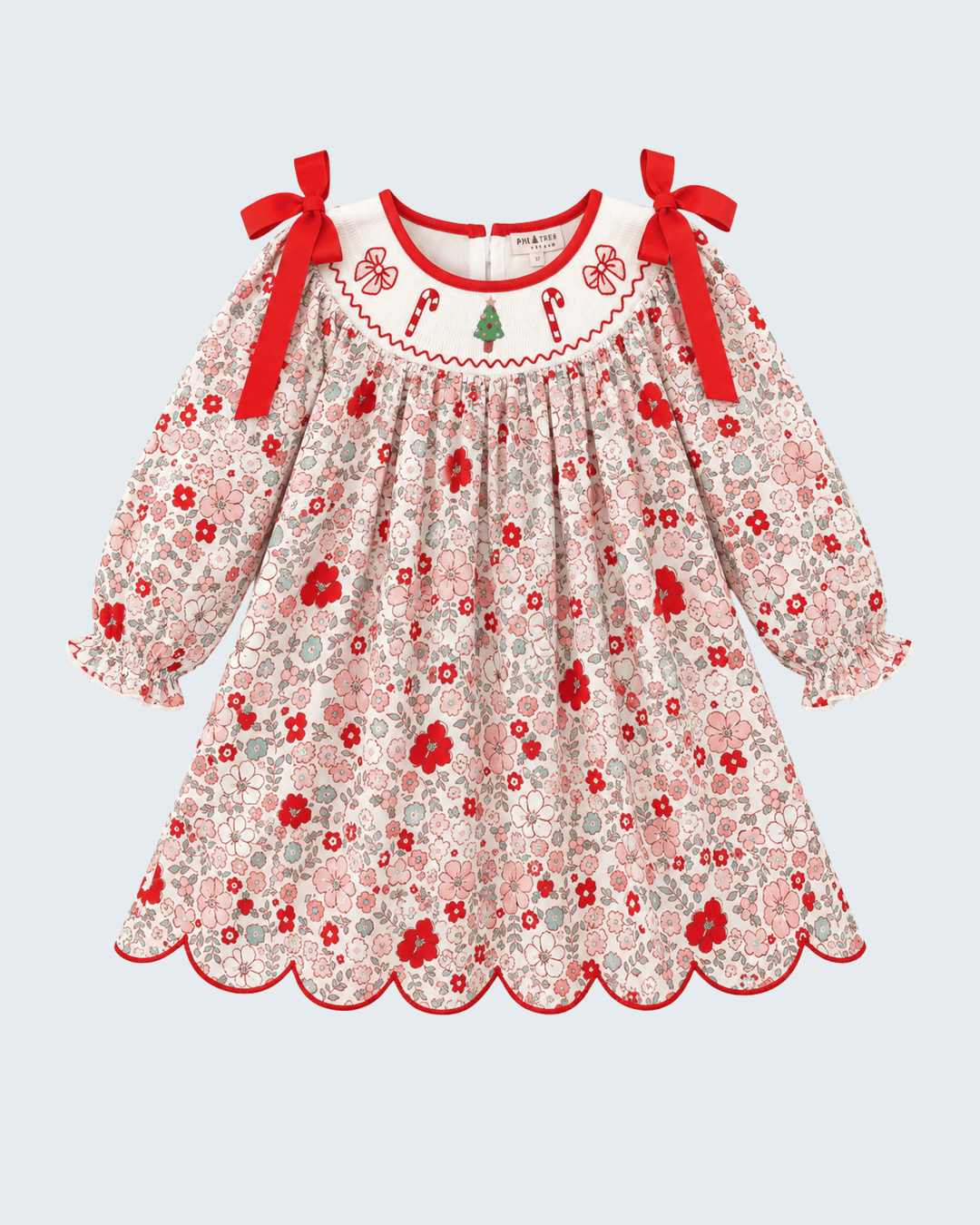 Floral embroidered long-sleeve dress with red bows and scalloped hem