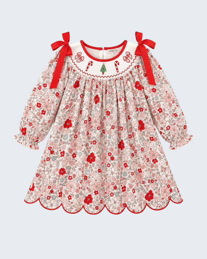 Floral embroidered long-sleeve dress with red bows and scalloped hem