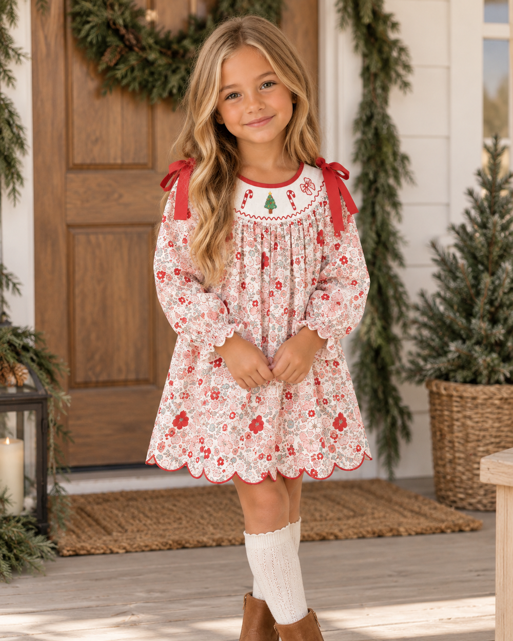 Floral embroidered dress with red bow sleeves and round embroidered collar