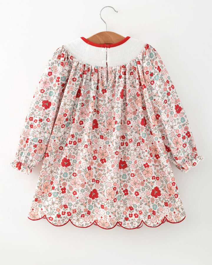 Girls long-sleeve floral dress with red-trimmed Peter Pan collar