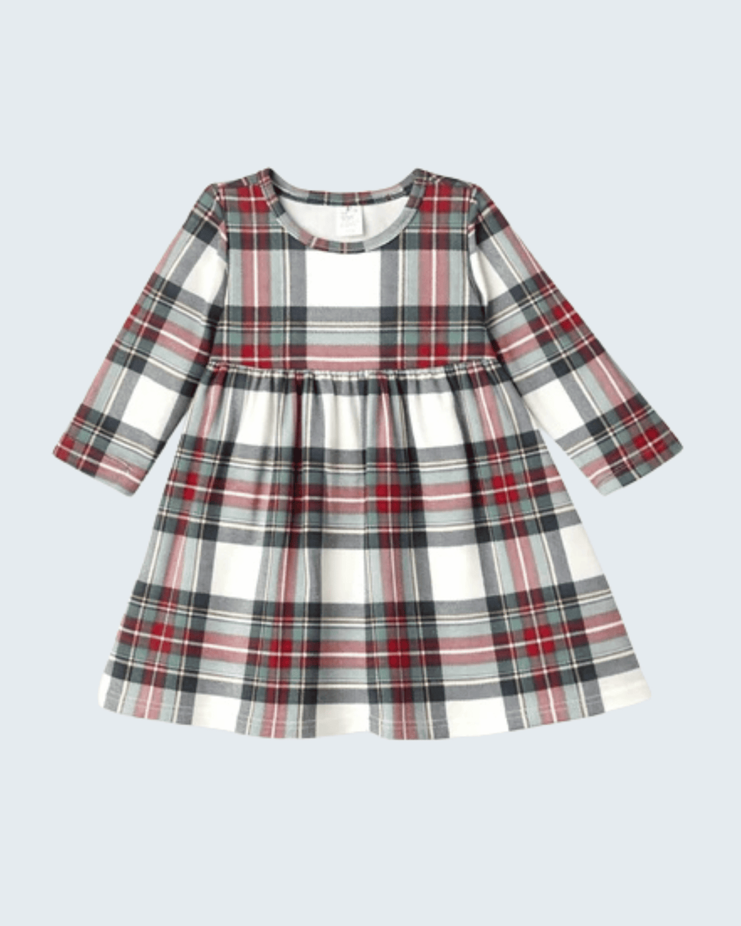 Long-sleeve plaid dress with gathered skirt and round neckline, red white black