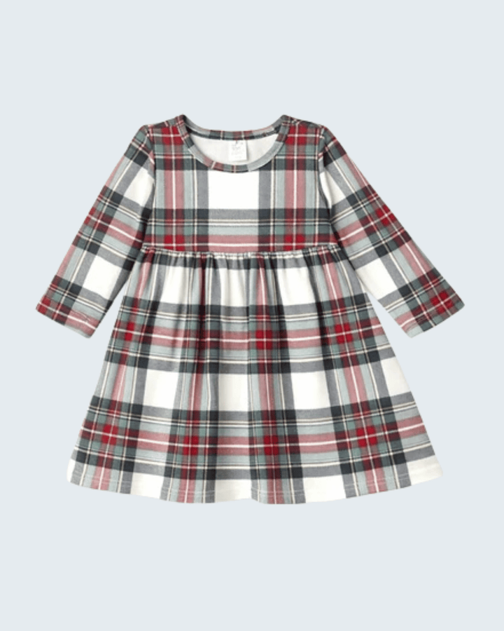 Long-sleeve plaid dress with gathered skirt and round neckline, red white black