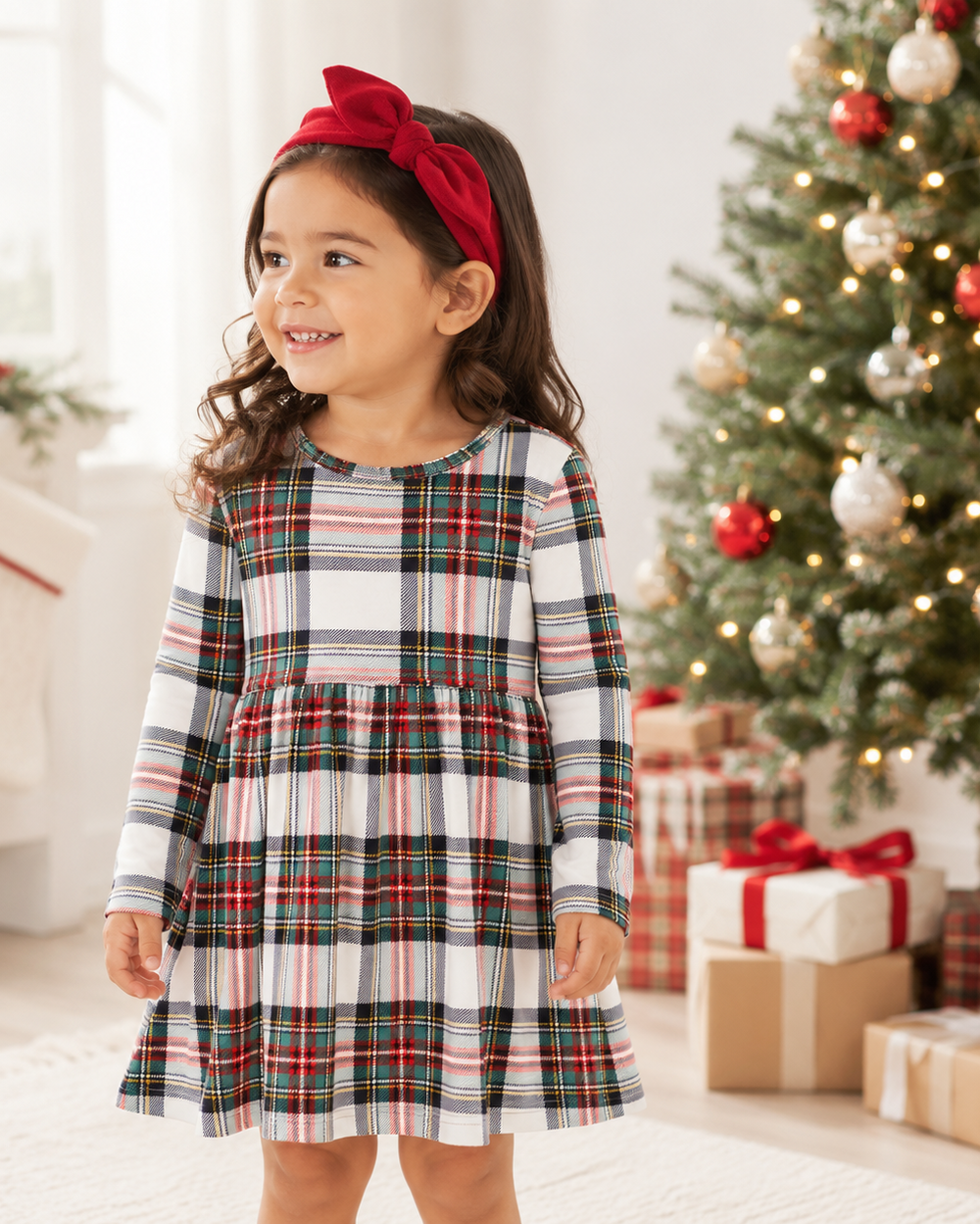Girls plaid long-sleeve dress with gathered waist, red/green/navy/white