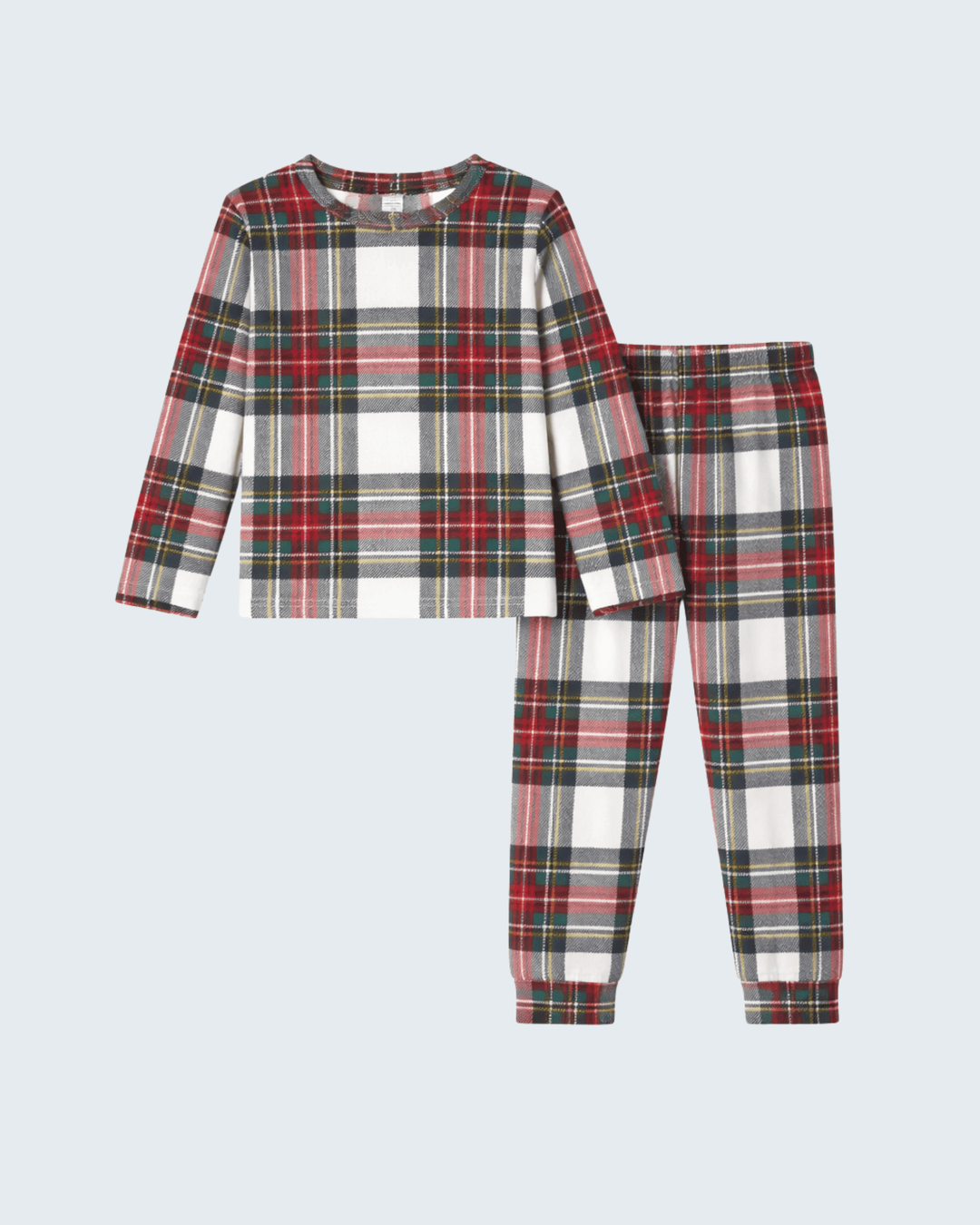 Classic bamboo plaid pajama set with long-sleeve top and cuffed pants in red, green, and cream