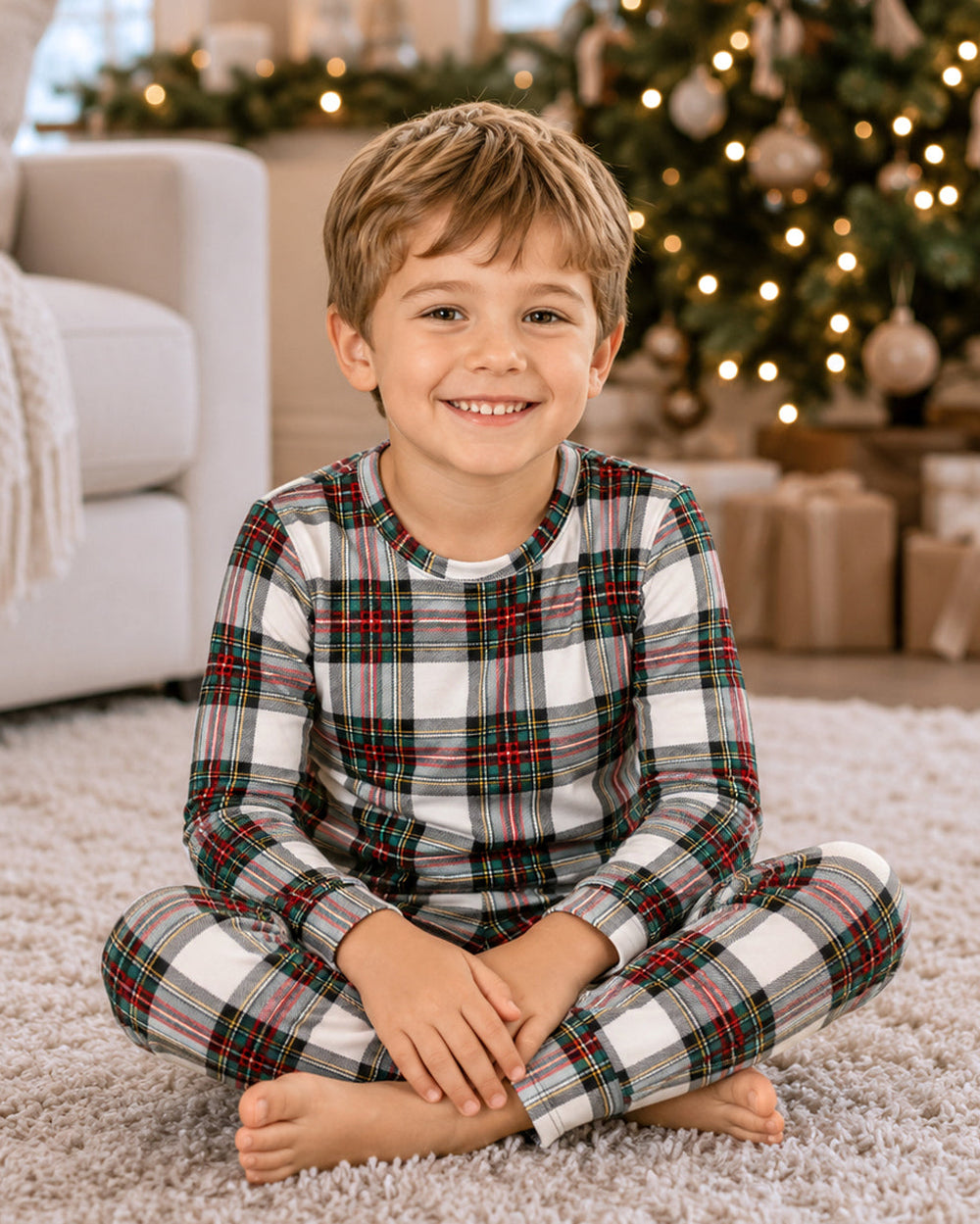 Kids plaid pajama set, long-sleeve top and pants in red, green, white checks
