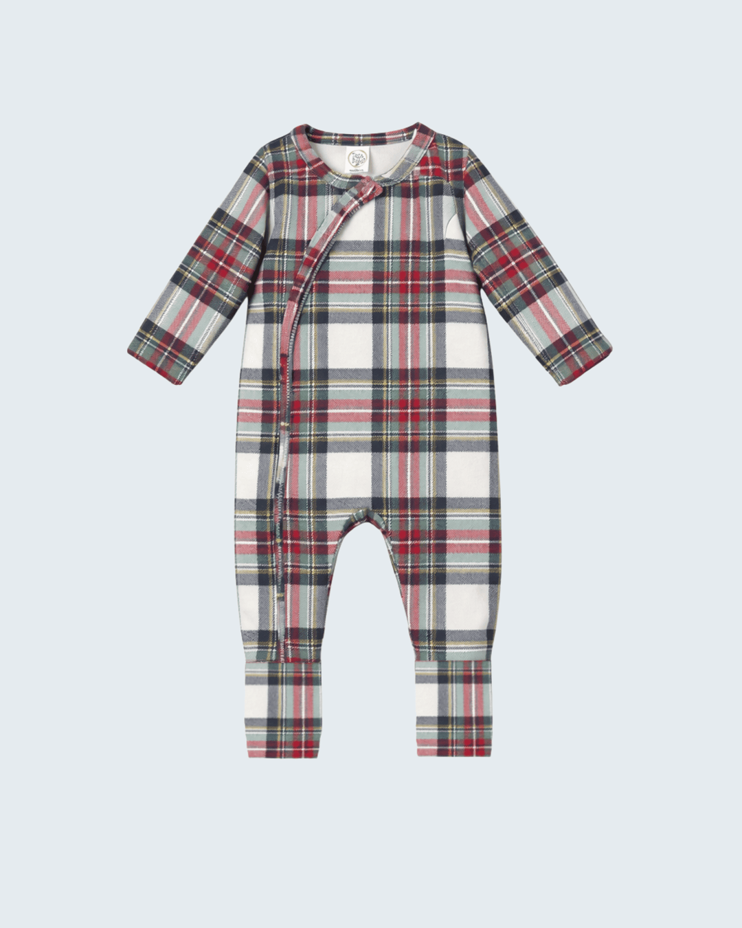 Plaid bamboo zipper romper with long sleeves and front zipper, red green and cream