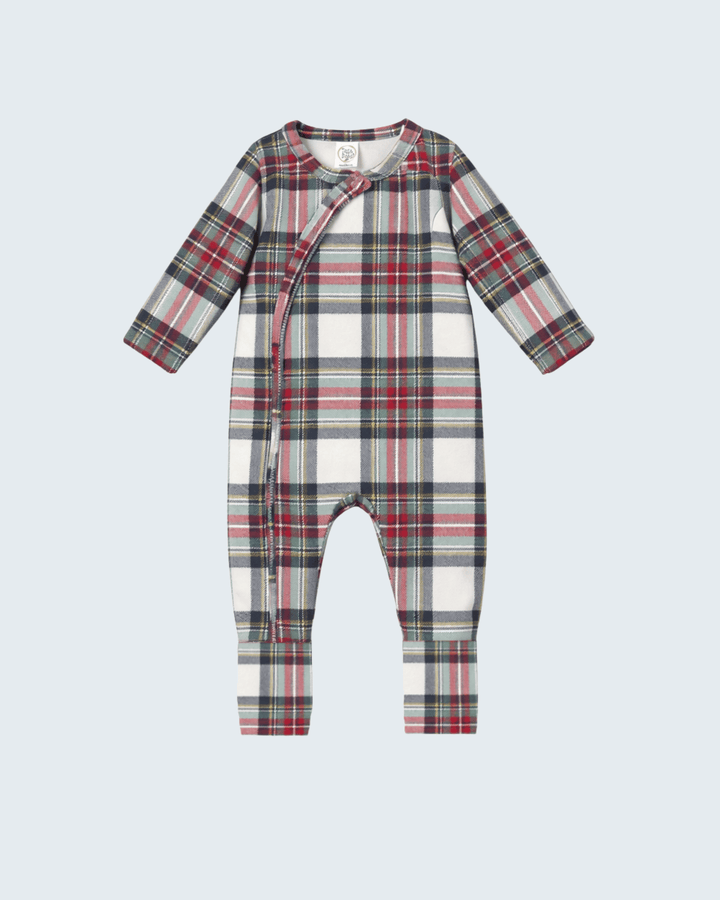 Plaid bamboo zipper romper with long sleeves and front zipper, red green and cream