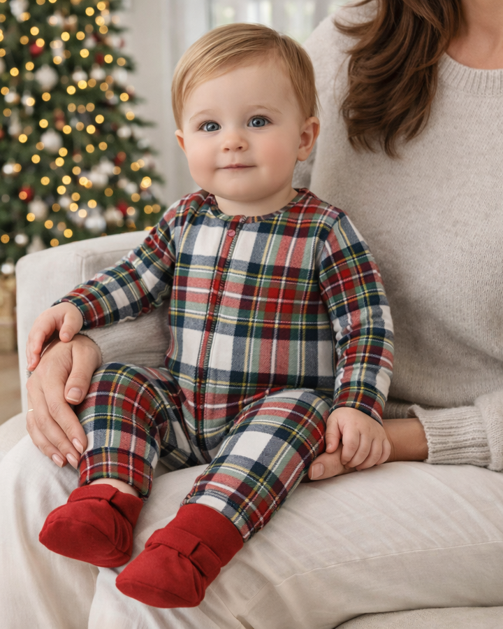 Plaid baby Christmas zipper romper with long sleeves and red convertible cuffs