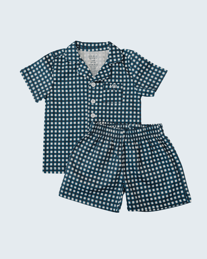 Navy gingham cotton short pajama set: button-up shirt and elastic-waist shorts