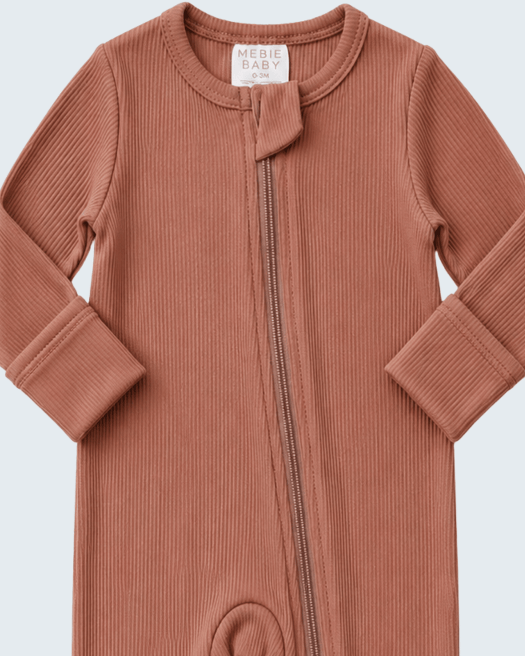 Dusty rose ribbed zip-front romper, long sleeves, with front zip and foldover collar