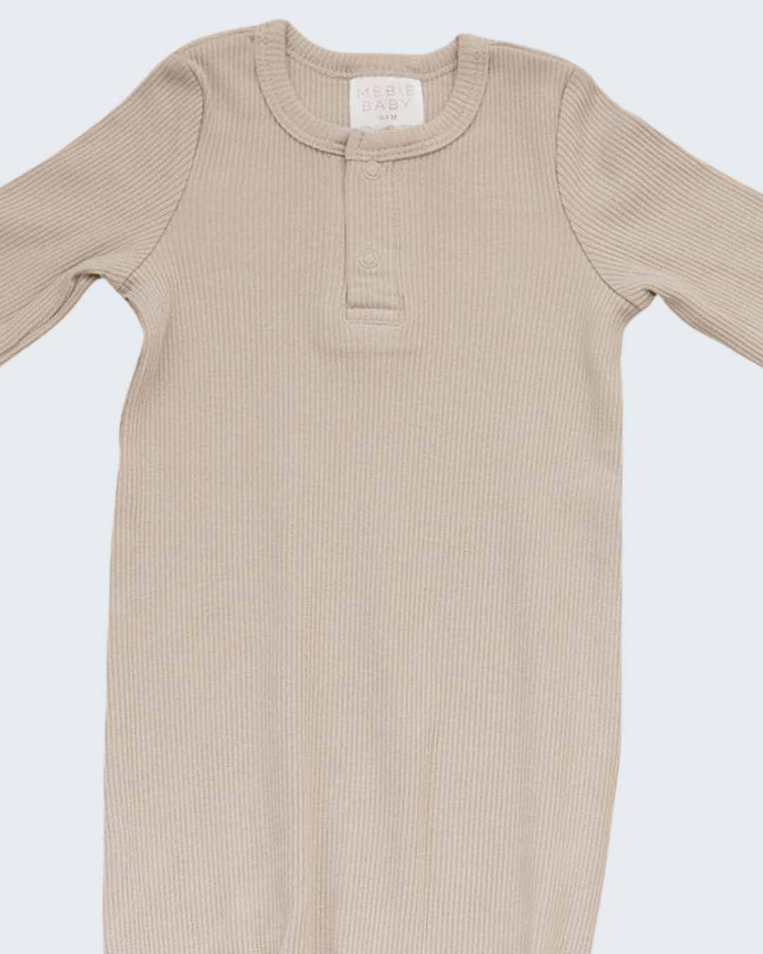 Beige ribbed cotton knot front baby gown with long sleeves and button placket