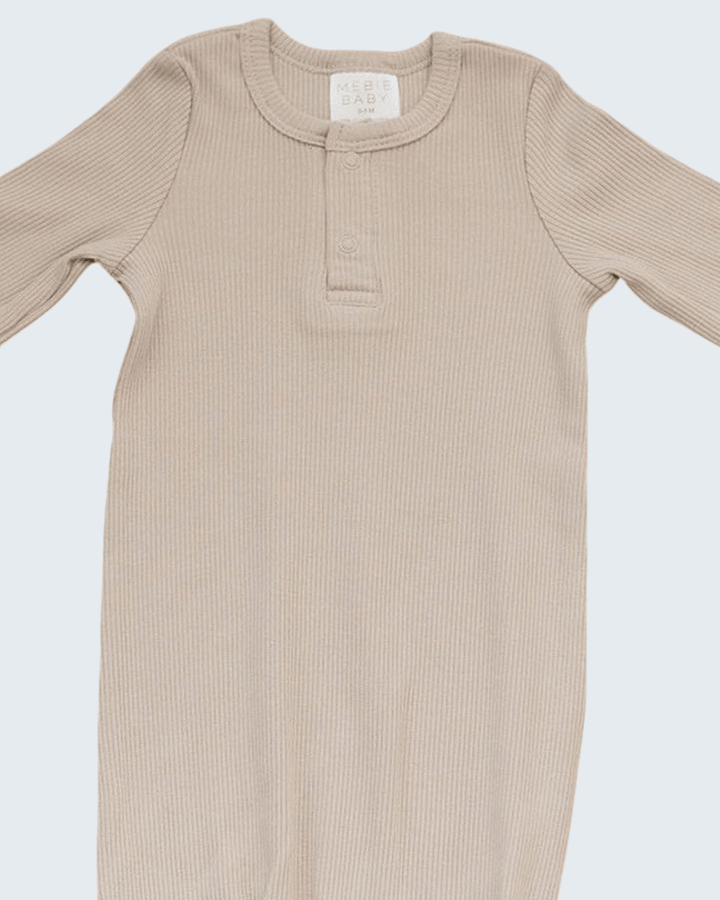 Beige ribbed cotton knot front baby gown with long sleeves and button placket