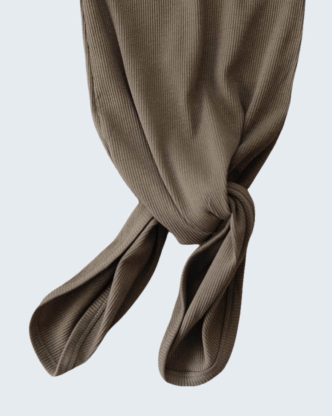 Brown ribbed cotton gown with knotted bottom detail and gathered leg openings