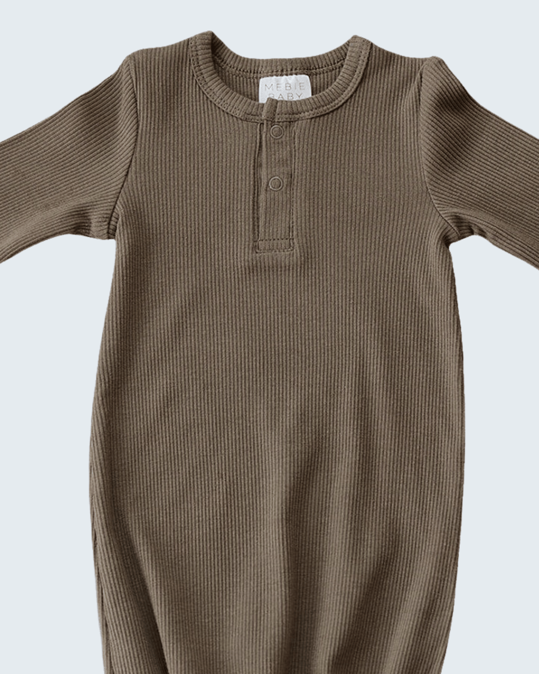 Brown ribbed cotton baby gown with button henley placket and crew neck