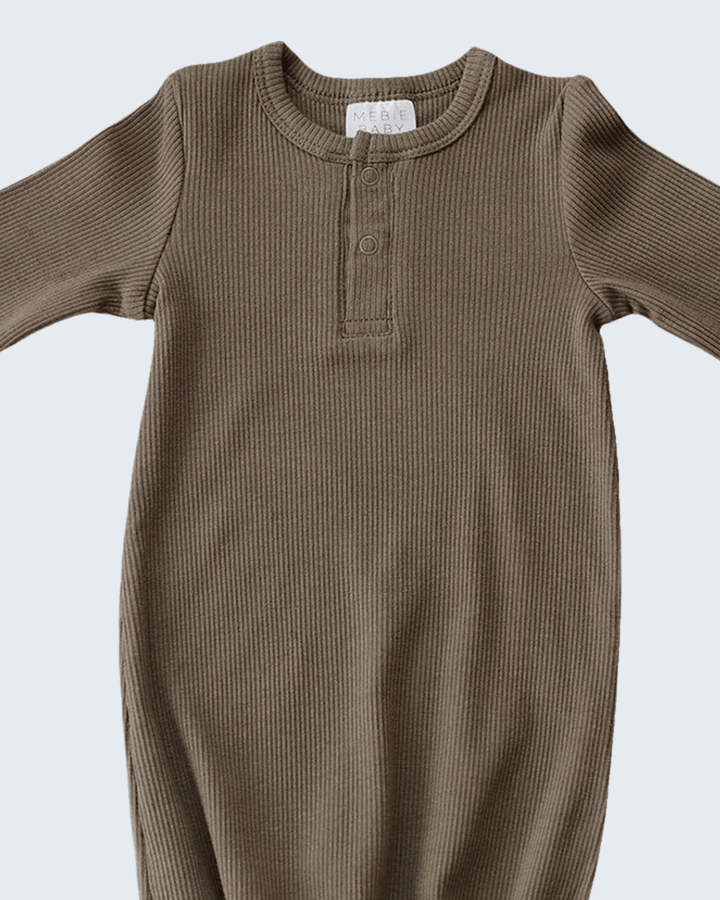 Brown ribbed cotton baby gown with button henley placket and crew neck