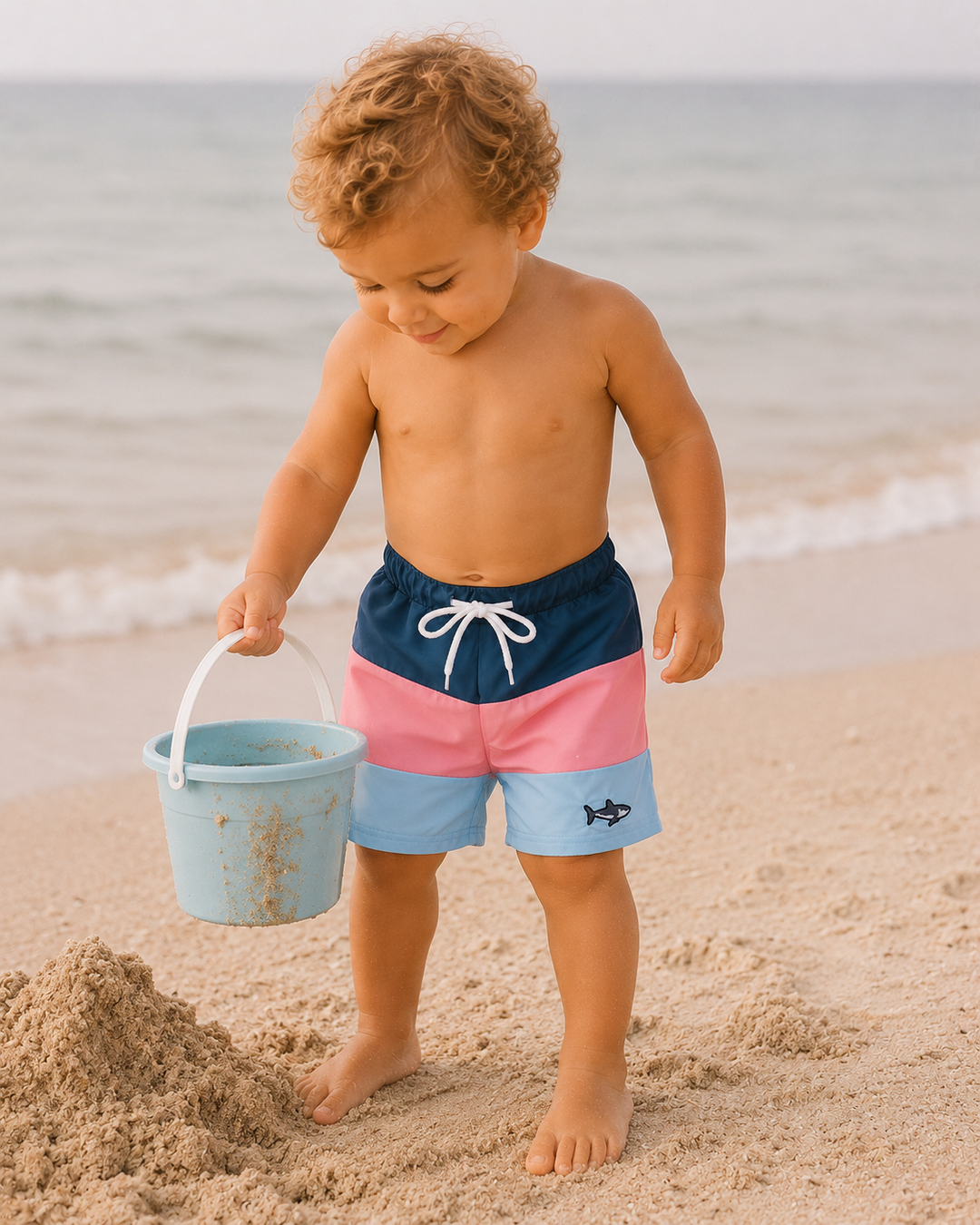 Child in colorful swim shorts playing on a beach with a bucket