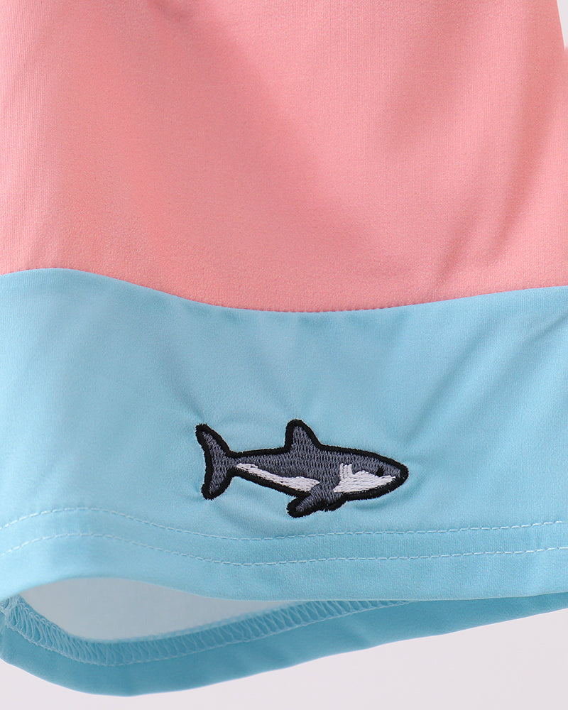 Close-up of a shark embroidered on a pink and blue fabric