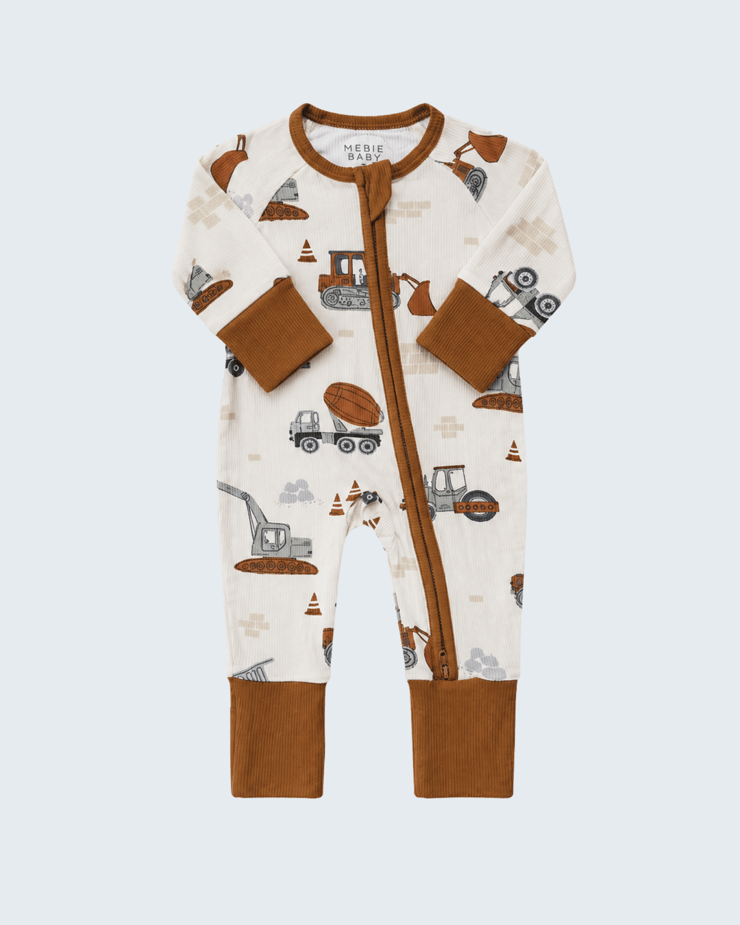 Construction truck print zipper romper with long sleeves, cream fabric and brown cuffs