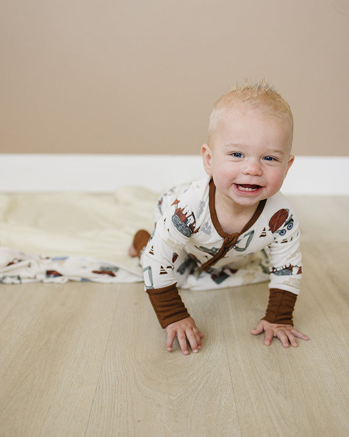 Construction Trucks Ribbed Bamboo Zipper Romper