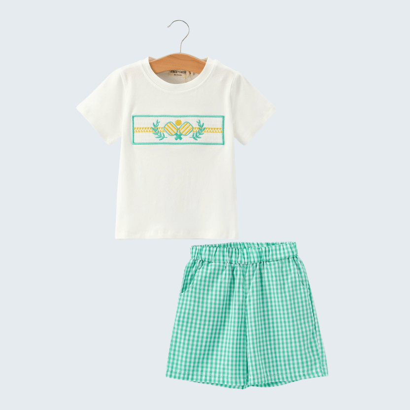 Pickleball Gingham Embroidered Smocked Shorts Set