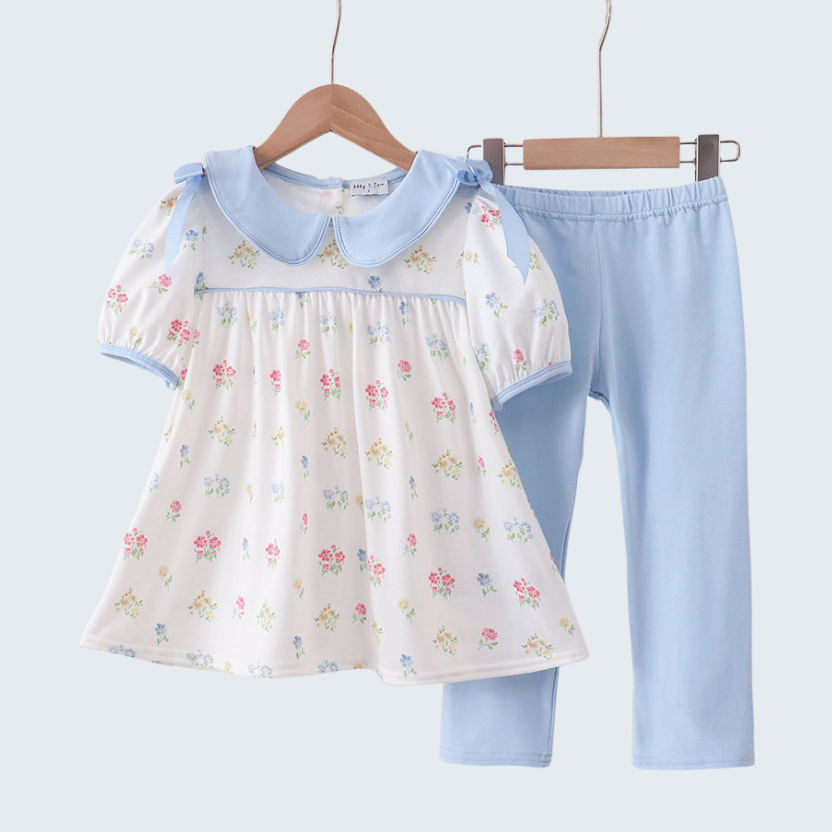 Blue Floral Bow Pants Set