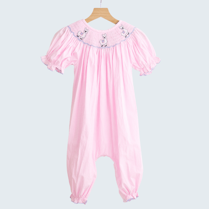 Pink Alpaca Hand Smocked Gingham Romper