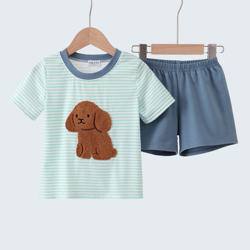 Green Stripe Puppy French Knot Shorts Set