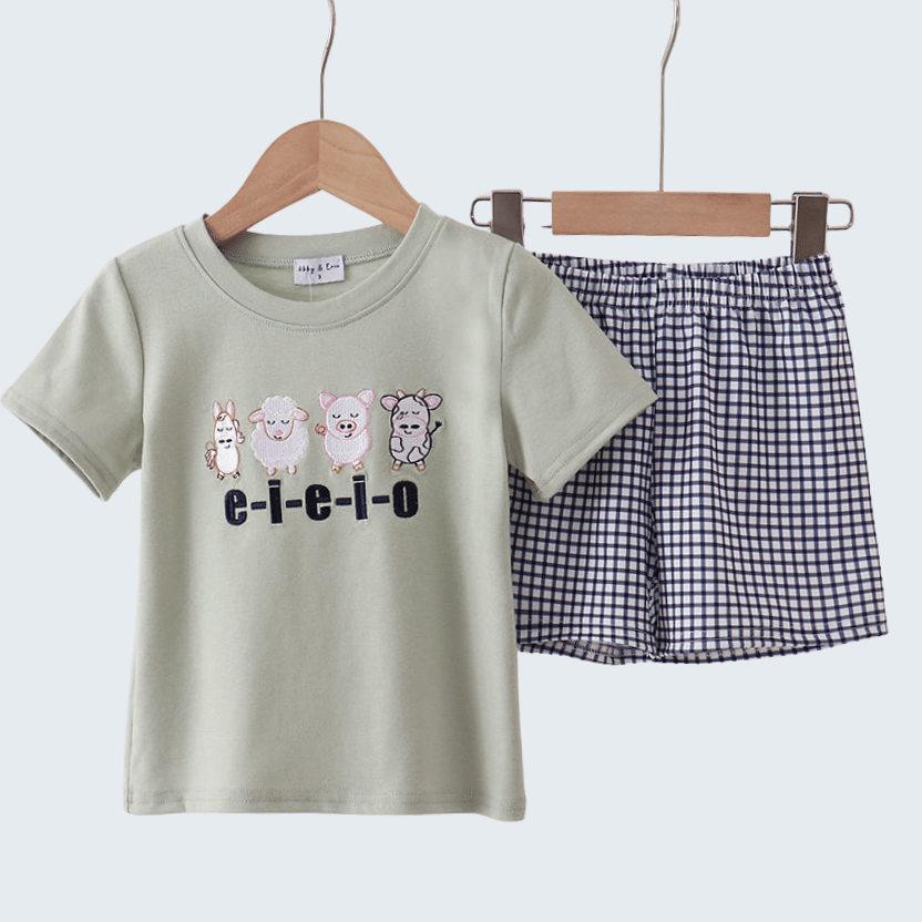 Green Farm Animal Embroidery Shorts Set