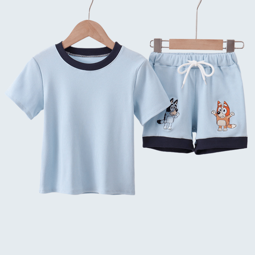 Blue Character Embroidered Stripe Shorts Set