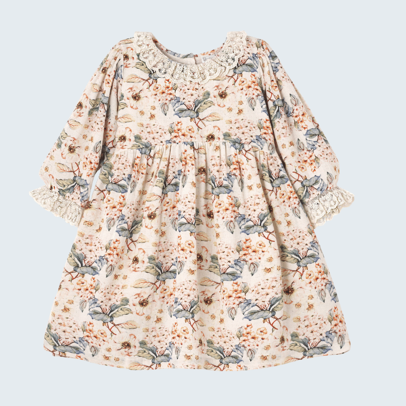 Vintage Floral Linen Dress with Lace Accents