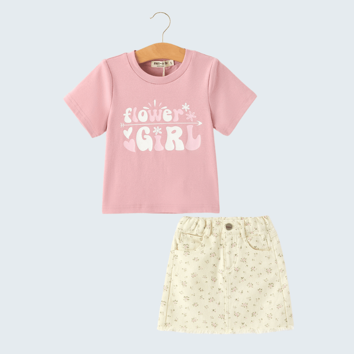 Pink Flower Letter Girl Short Sleeve Top Denim Skirt Set