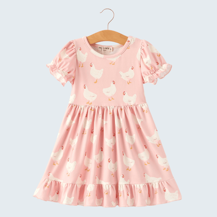 Farm Chicken Print Ruffle Dress