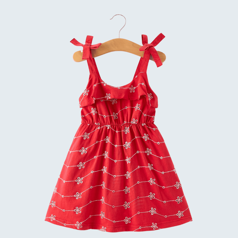 Red Bow Strap Ruffle Dress