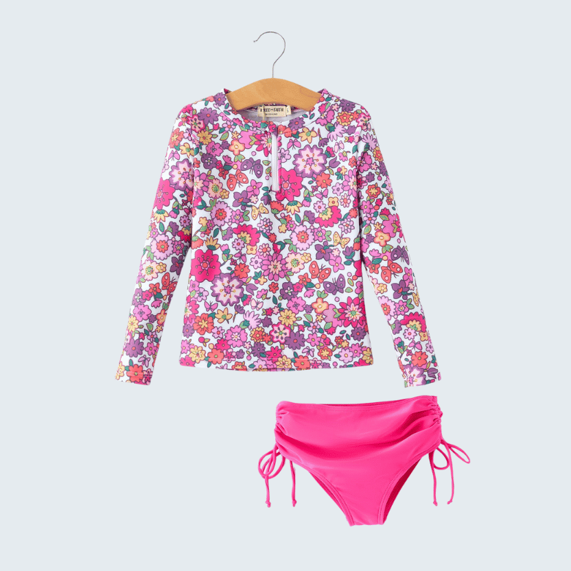 Hot Pink Floral Long-Sleeved Swimsuit Set