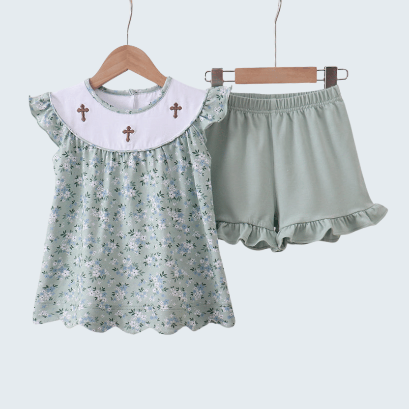 Sage Floral Cross Embroidered Ruffle Shorts Set