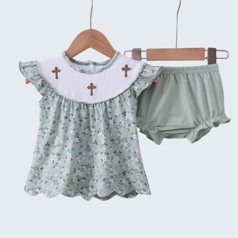 Sage Floral Cross Embroidered Ruffle Bloomer Set