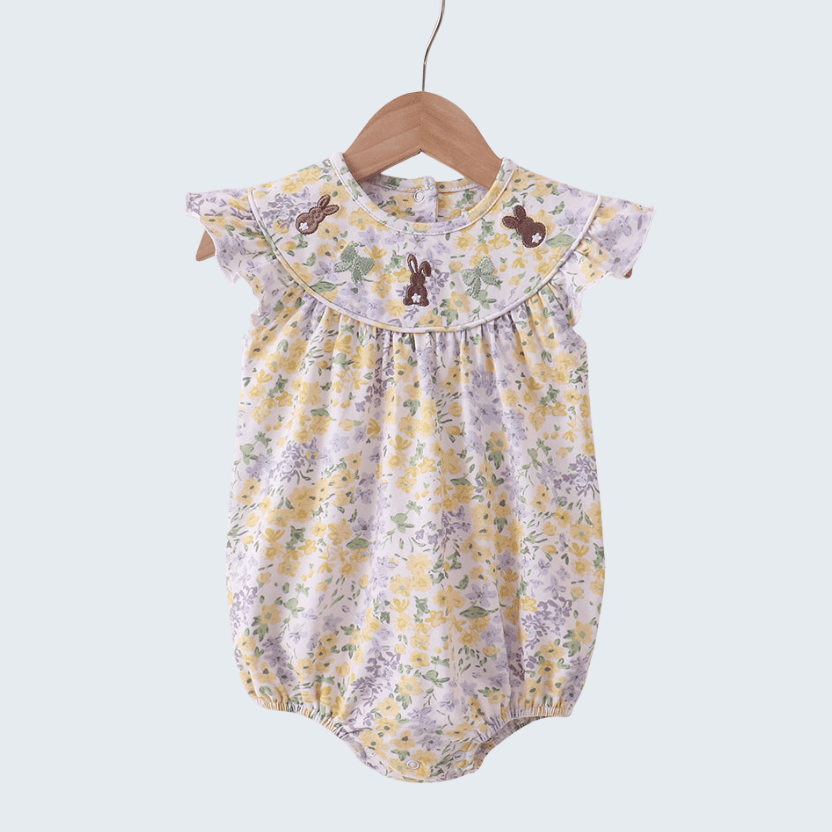 Floral Bunny Bow Embroidered Ruffle Bubble