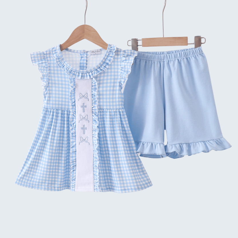 Blue Embroidered Ruffle Gingham Shorts Set