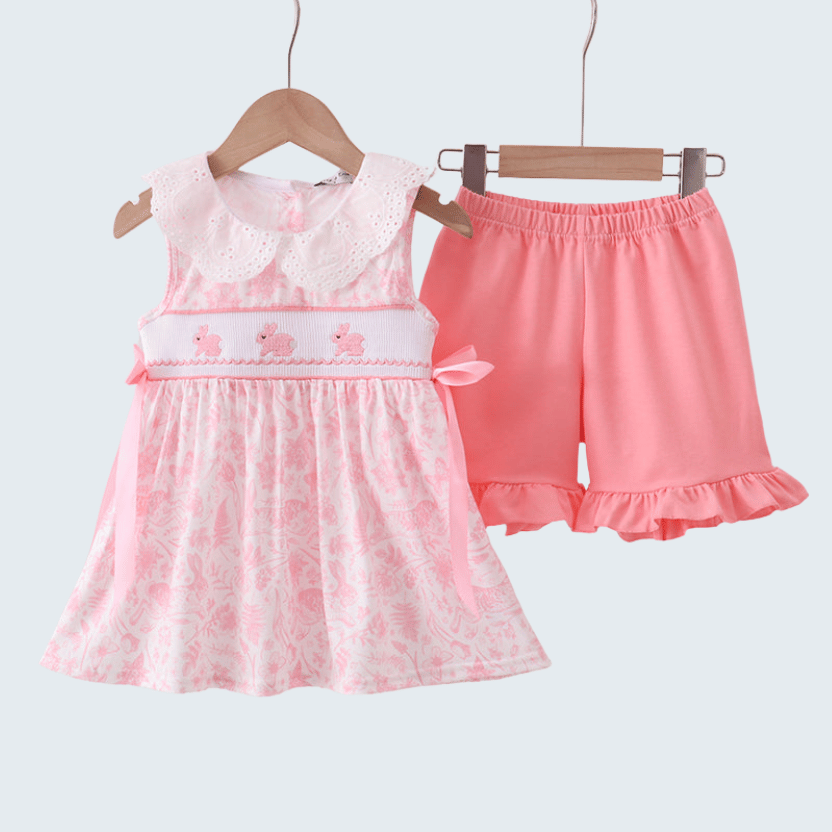 Pink Bunny Smocked Lace Collar Shorts Set
