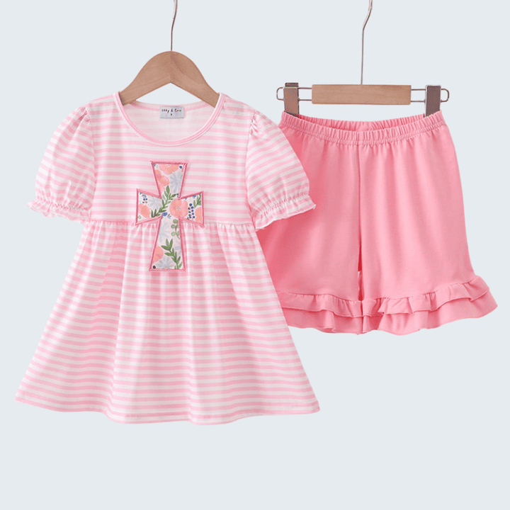Pink Stripe Cross Applique Ruffle Shorts Set