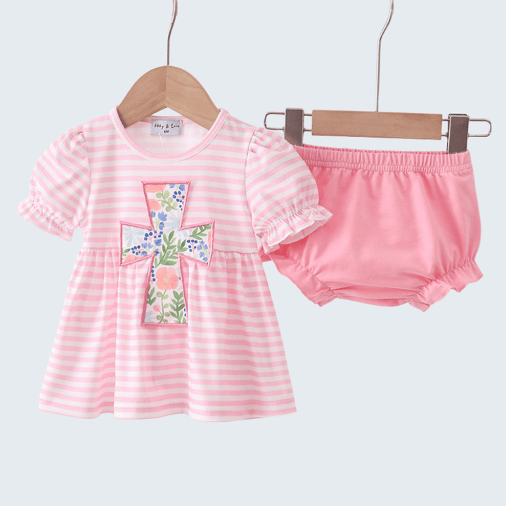 Pink Stripe Cross Applique Bloomer Set