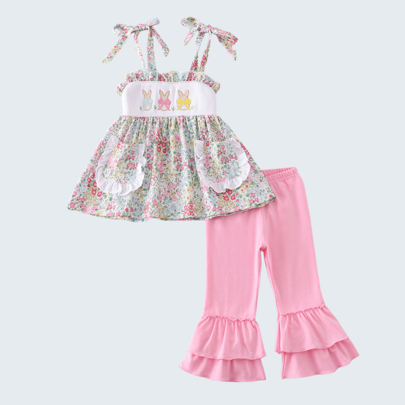 Floral Print Bunny Embroidered Smocked Set