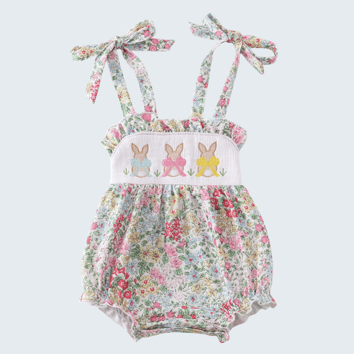 Floral Print Bunny Embroidered Smocked Bubble