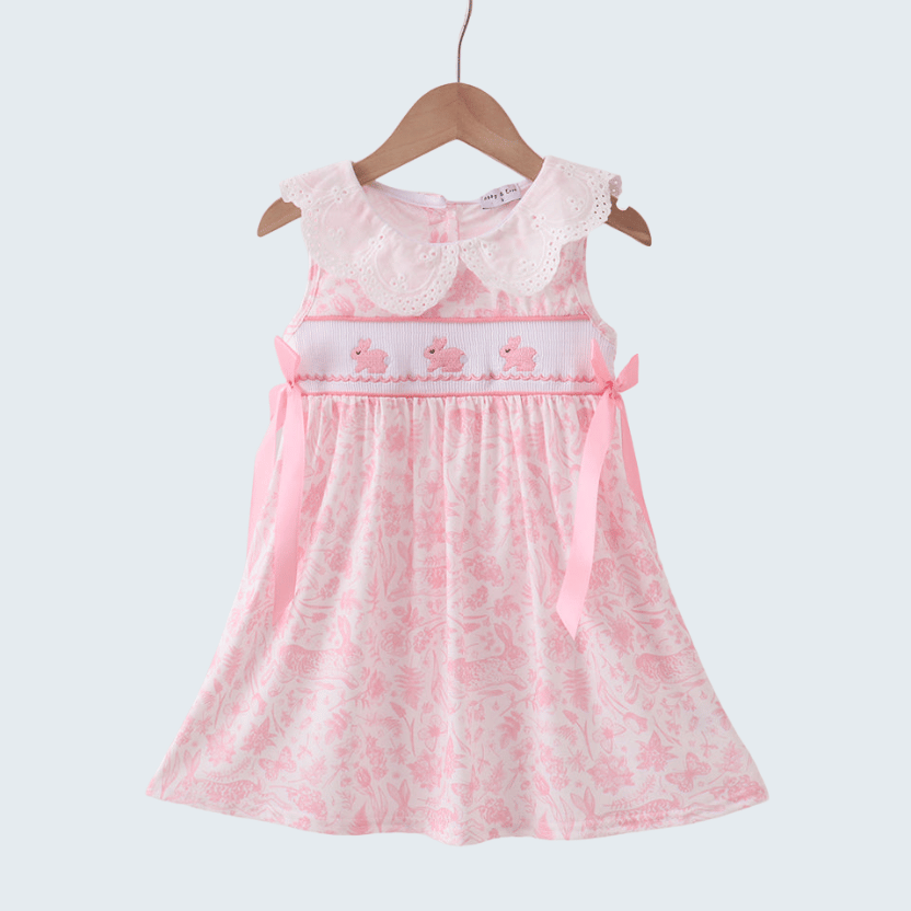 Pink Bunny Smocked Lace Collar Dress