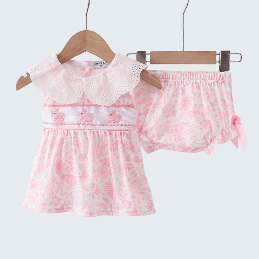 Pink Bunny Smocked Lace Collar Bow Bloomer Set
