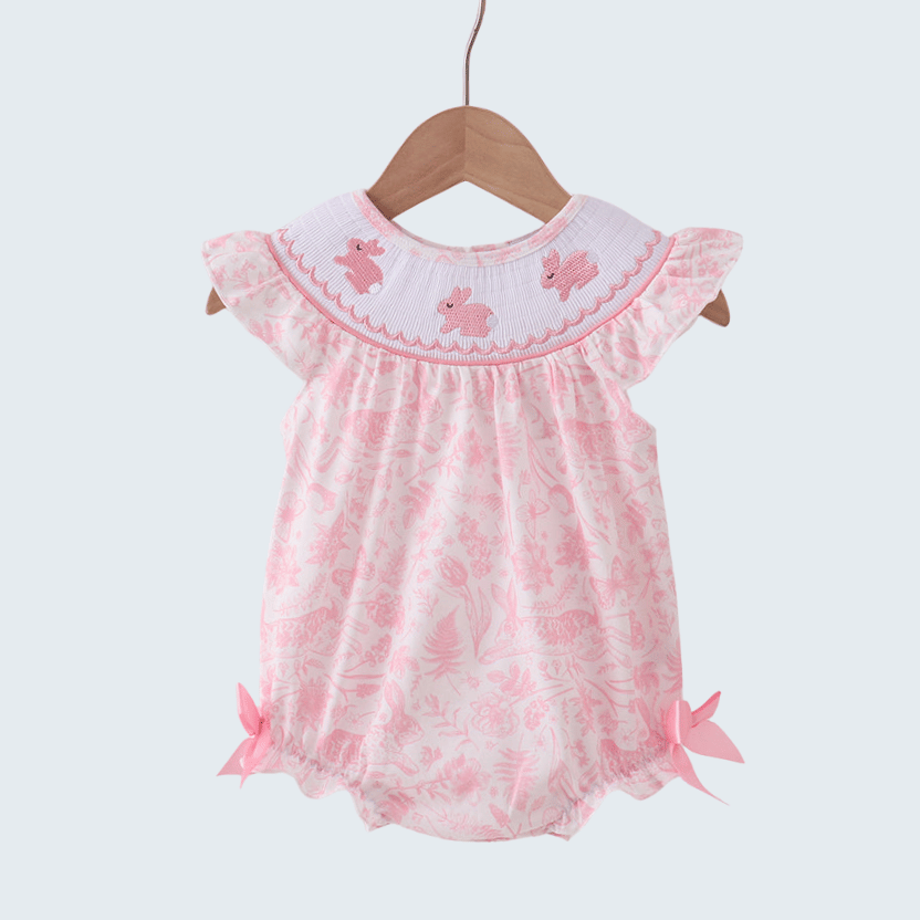 Pink Bunny Smocked Ruffle Bow Bubble